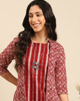 Red Printed Kurta Set with Jacket