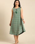 Green Printed Rayon Asymmetric Dress