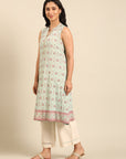 Mint Printed Viscose Rayon Sleeveless Kurta