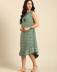 Green Printed Rayon Asymmetric Dress