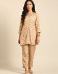 Beige Floral Kurta Pant Set