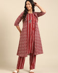 Red Printed Kurta Set with Jacket