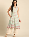 Mint Printed Viscose Rayon Sleeveless Kurta