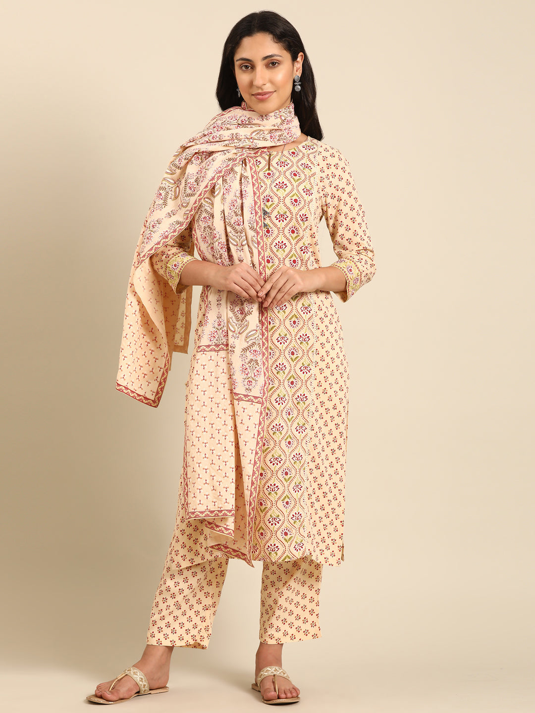 Beige Printed Straight Kurta Set