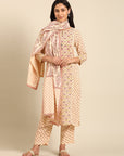 Beige Printed Straight Kurta Set