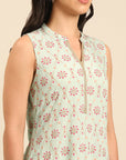 Mint Printed Viscose Rayon Sleeveless Kurta