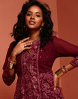 Maroon Printed Shantoon Gathered Kurta Set