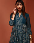 Teal Brocade Gathered Kurta Set