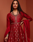 Red Kalidar Brocade Kurta Set