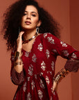 Maroon Gathered Printed Kurta
