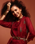 Maroon Embroidered Kurta Set With Jacket