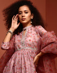 Peach Floral Gathered Printed Kurta Set