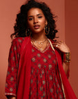 Maroon Printed Gathered Kurta Set
