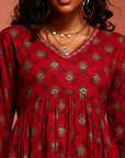 Maroon Printed Gathered Kurta Set