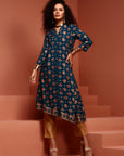Navy Blue Asymmetric Printed Kurta