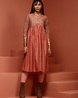 Peach Printed Gathered Kurta