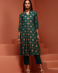 Green Printed A-line Kurta