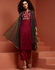 Wine Embroidered Straight Kurta Set