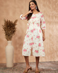 Off-White Floral Print A-Line Dress