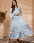 Light Blue Printed Tiered Dress