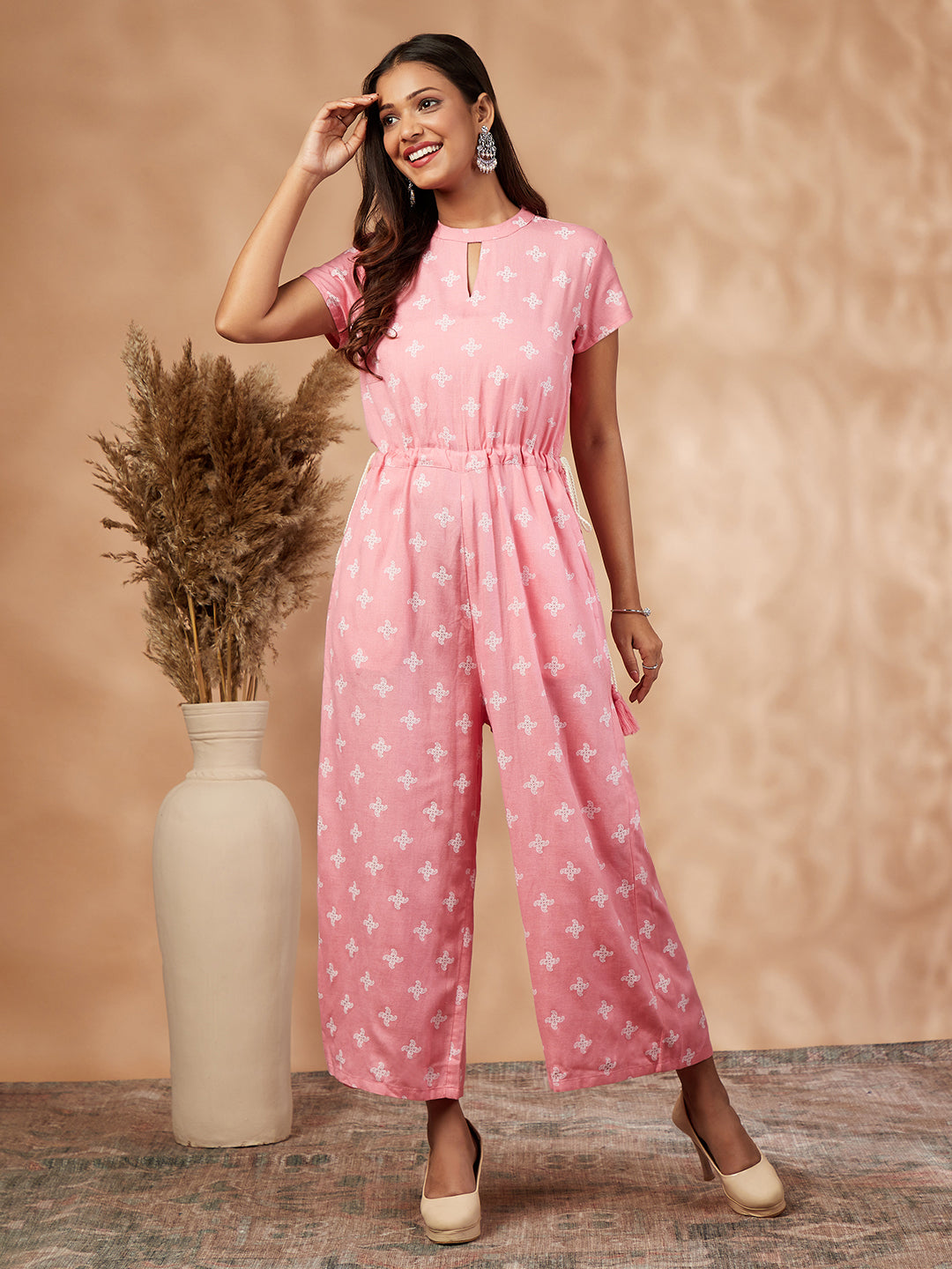 Printed Pink Rayon Jumpsuit - Main Image