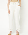 White Straight Trousers With Laced Hem