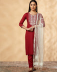 Maroon Embroidered Straight Kurta Set