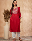 Printed Red Straight Kurta