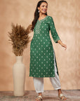 Green Printed Cotton Straight Kurta