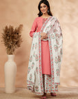 Pink Floral Print Straight Kurta with Palazzo with Dupatta