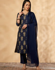 Navy Blue Printed Kurta Set