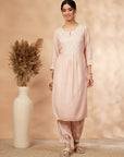 Beige Printed Gathered Straight Kurta Set