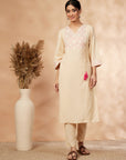Beige Printed Straight Kurta Set