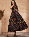 Black Printed Cotton Tiered Dress