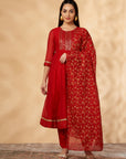 Red Embroidered Kalidar Kurta Set