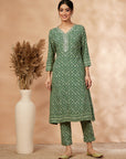Printed Green A-Line Kurta set