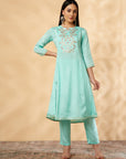 Aqua A-Line Embroidered Kurta Set