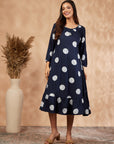 Print Navy Blue Gathered Dress