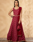 Wine Printed Belt Anarkali Lehenga Set