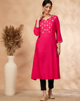 Floral Fuchsia Embellished A-Line Kurta