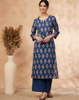 Navy Blue Printed Cotton Kurta Set