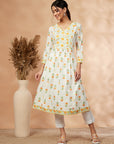 Floral Print Off-White Gathered Kurta