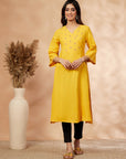 Mustard Floral Embellished A-Line Kurta