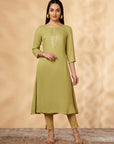 Mint Embroidered A-Line Kurta