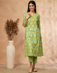 Lime Green Floral Print A-Line Kurta
