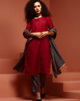 Radiant Red Embroidered Cotton Blend Kurta Set