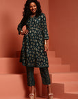 Teal Printed Muslin A-line Kurta Set