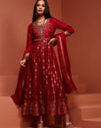 Red Kalidar Brocade Kurta Set