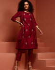 Wine- Coloured Embroidered Kurta Set