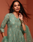 Mint Printed Georgette Tiered Dress